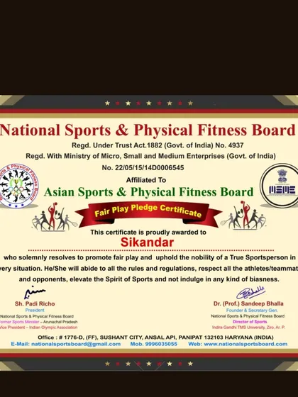 My Fair Play Pledge Certificate from the National Sports & Physical Fitness Board. I am committed to upholding the spirit of sportsmanship in all my endeavors.
