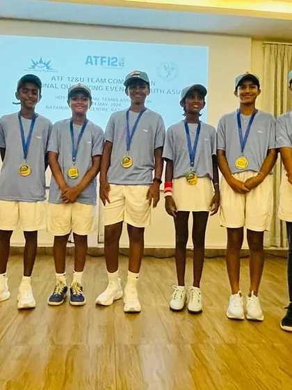 Celebrating a golden achievement. The full Indian contingent, including the boys' and girls' teams and our NTC coach Asha Sharma, pose with their gold medals at the South Asian U-12 Championship.