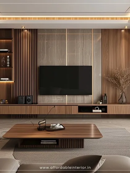We believe luxury should be attainable. This 3D render of a modern living room showcases our expertise in creating a high-end look with a sophisticated wooden TV unit, integrated backlighting, and fluted panel details, all designed to fit your budget.