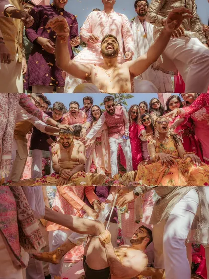 The groom's Haldi is always a highlight! This collage captures the pure pandemonium and joy as friends and family make sure not a single spot is missed.