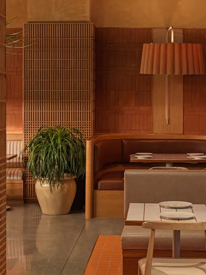A detail shot at Biergarten showing the interplay of textures. The terracotta wall, wooden screen, and pleated fabric lampshade come together to create a layered and tactile interior design experience.