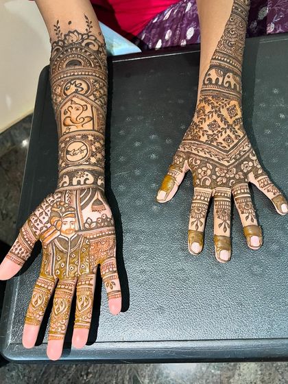 A bridal design for Manasa, with a groom portrait on one hand and a complementary pattern on the other.