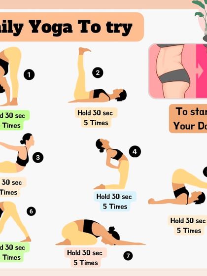 A daily yoga routine to start your day, designed for a flatter tummy with poses like bow pose, camel pose, and plow pose.