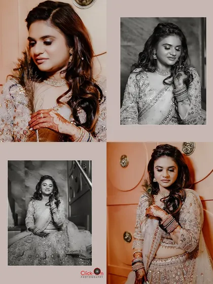 A photo collage showcasing various moods of the bride during her ring ceremony, from thoughtful poses to happy smiles, in both color and black and white.