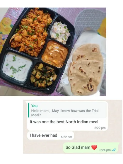 It makes my day to receive messages like this. Knowing that my customers enjoy the food and appreciate the effort is the reason I started Ammana Mane Oota. This feedback was for one of my North Indian trial meals.