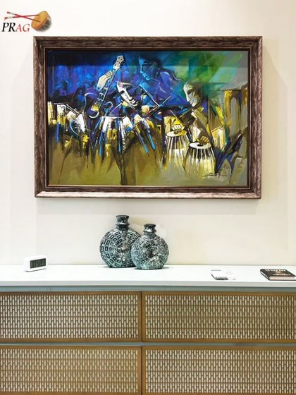 A closer look at how the abstract painting's dynamic strokes and colors complement the decorative vases and console table below.