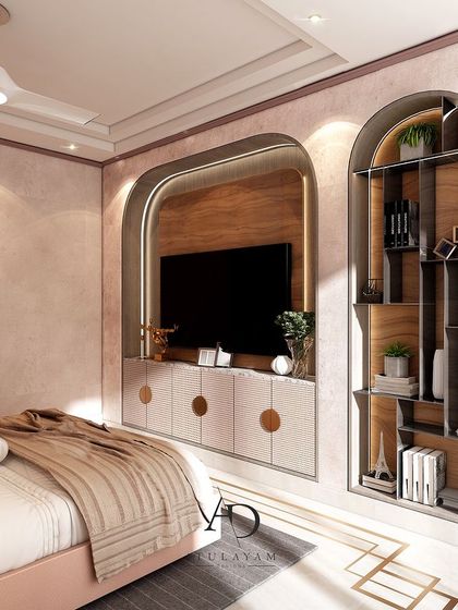 A modern bedroom with a soft pink color scheme, featuring arched niches for the TV and a bookshelf, and geometric inlay on the floor.