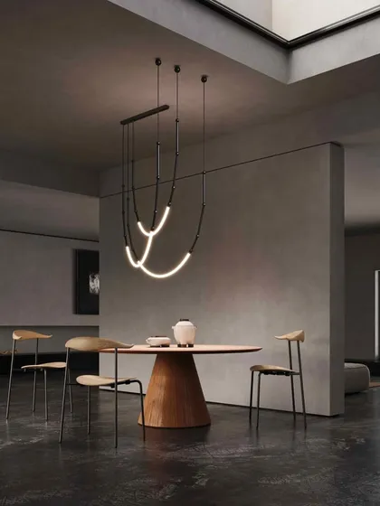 Another dining application for the Leda system, with multiple glowing arcs creating a layered and dynamic composition. The system is fully customizable to the client's needs.