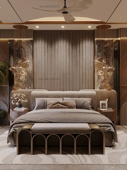 A master bedroom should be a personal sanctuary. For this space, we crafted a warm and elegant retreat using rich veneer, seamless mirror detailing, and a stunning arched window seat, perfectly designed for a young couple who loves modern aesthetics.