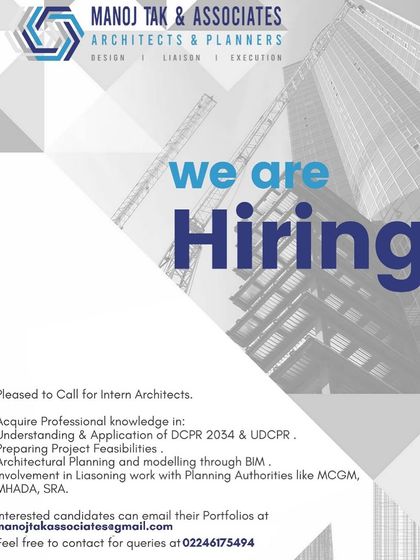 An ad for intern architects at Manoj Tak & Associates in Mumbai, focusing on gaining knowledge in DCPR, project feasibilities, and BIM.