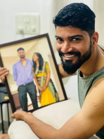 The happy client with his new custom portrait. Seeing this smile makes all the hard work worthwhile.