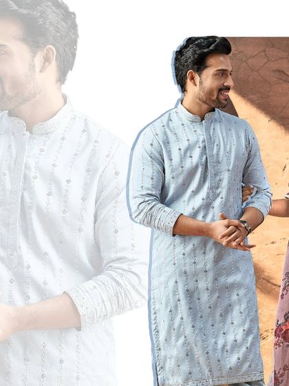 A powder blue kurta with subtle all-over embroidery. This piece is perfect for pre-wedding rituals, offering a look that is both celebratory and gracefully understated.