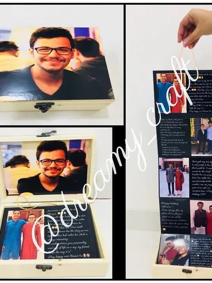 I designed this memory box to be a beautiful journey. The lid features a custom photo, and inside, a pull-out cascade reveals 15 of your favorite pictures and messages. It's a truly personal way to preserve your memories together.
