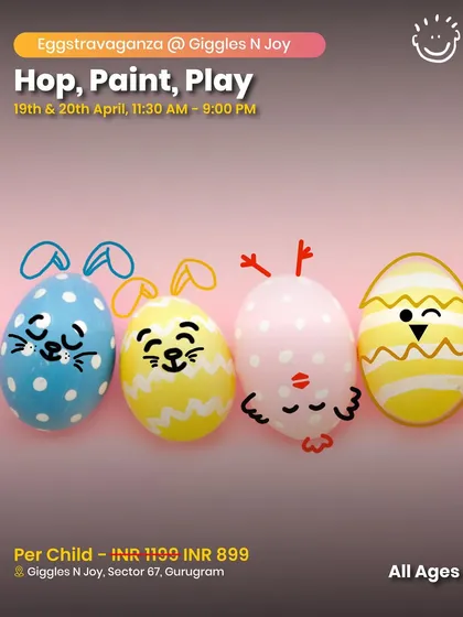 Hop, Paint, Play! An Easter "Eggstravaganza" at Giggles N Joy, with egg painting and playtime for all ages.