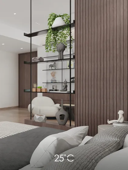 A detail shot of a bedroom, showing how we use partitions to create distinct zones. A sleek, suspended shelving unit acts as a see-through divider, adding display space without closing off the room.