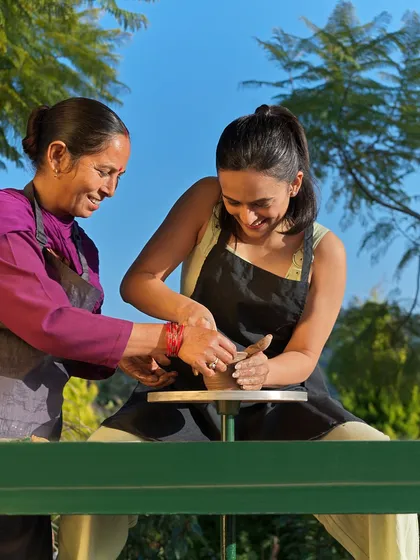A joyful moment captured at Rakkh Resort for their brand campaign. This image of a guest learning pottery embodies the hands-on, authentic experiences the resort offers.