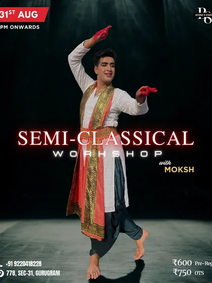 Announcing a soulful Semi-Classical workshop with Moksh. This style blends traditional Indian dance with contemporary expression, perfect for telling a story through movement.