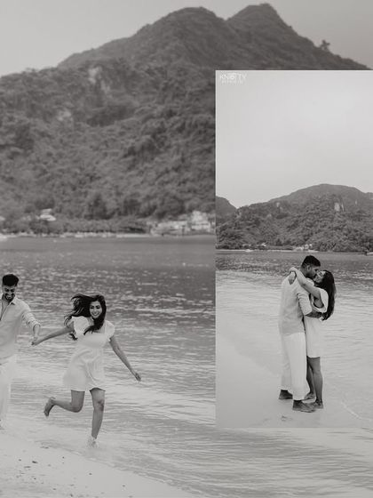 A dynamic black and white collage showing the couple running freely on the beach and sharing an intimate embrace. It captures both their energy and their connection.