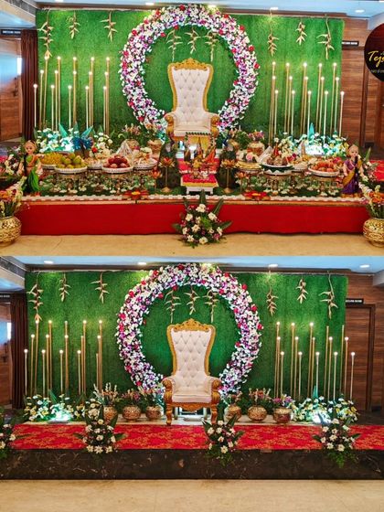 A before-and-after look at a baby shower stage, showing the transformation from a simple platform to a fully decorated, vibrant setting.