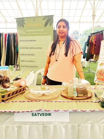 Here I am at a local market, sharing my passion for healthy, vegan food with the community. It’s always a joy to connect with people and introduce them to my Satvic creations.