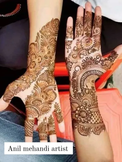 A showcase of two different party-wear mehandi designs. Both are in the popular Arabic style, featuring floral and paisley vines that are elegant and not overly heavy.
