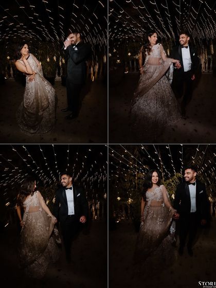 A collage of the couple walking through a tunnel of lights, creating a magical and romantic atmosphere.