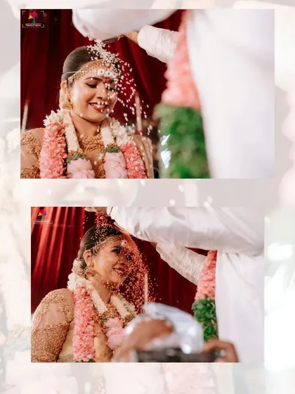 A diptych of the Akshataropanam ritual, capturing the pure joy and laughter as the couple showers each other with rice. These are the happy memories we love to frame.
