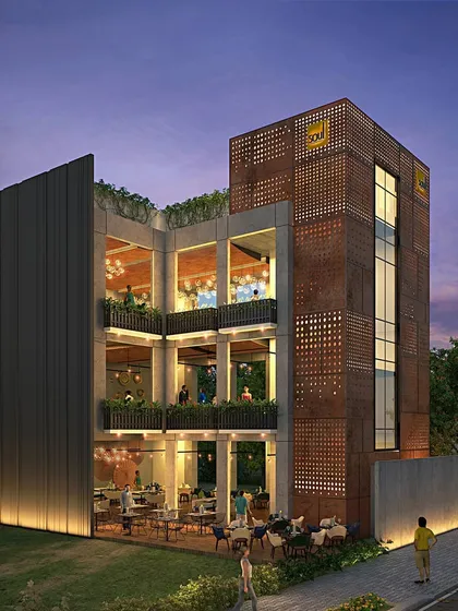 Our design for this commercial building in Koramangala features a distinctive facade using Corten steel and extensive glazing. The structure is designed for a food and beverage establishment, with multiple levels of indoor and outdoor seating to create a vibrant social hub.
