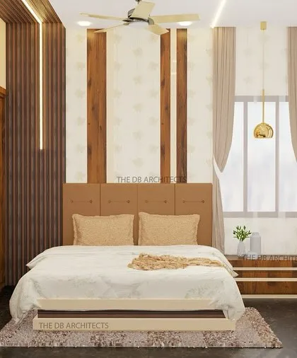 A full view of the parents' bedroom design, showing the wardrobe with alternating wood and beige panels, a cozy window seat, and a simple, elegant headboard. The design is clean, functional, and timeless.