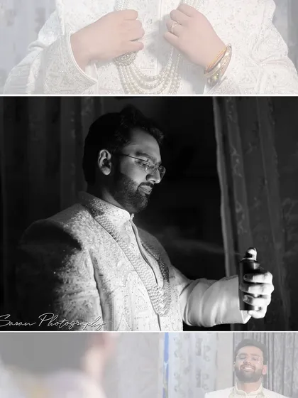 A collage of getting-ready shots of the groom, including a dramatic black and white photo of him using perfume.