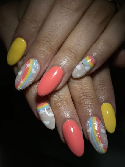 How adorable are these summer-themed nails? I hand-painted everything, from the little clouds and rainbows to the tiny hearts. It’s all in the details.