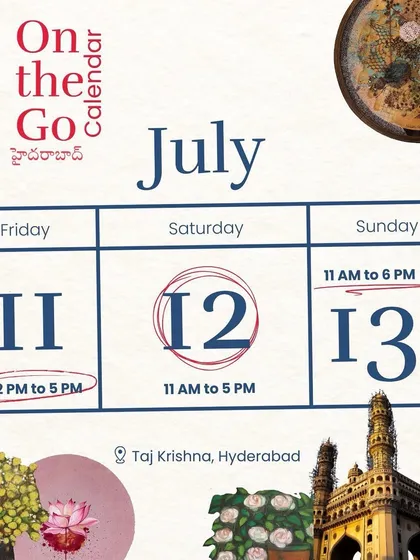 Our 'On The Go' calendar for the Hyderabad exhibition at Taj Krishna, featuring rare Tanjore pieces and collectable heritage furniture.