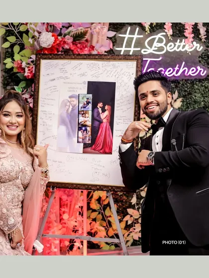 A fun shot from an engagement party, featuring a personalized photo board. It shows how I capture the unique details and personal touches of your celebration.