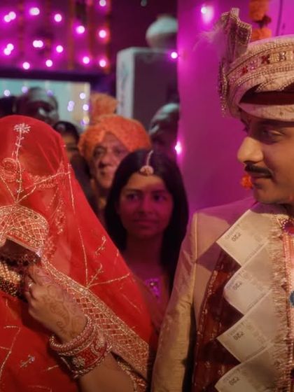 The bride and groom, styled in classic Rajasthani wedding attire, complete with a sherwani, safa, and an intricately detailed lehenga.