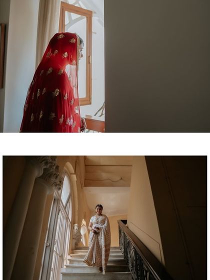 A series of portraits of a bride in a beautiful, traditional white and red saree, capturing her elegance, emotion, and moments with her family.