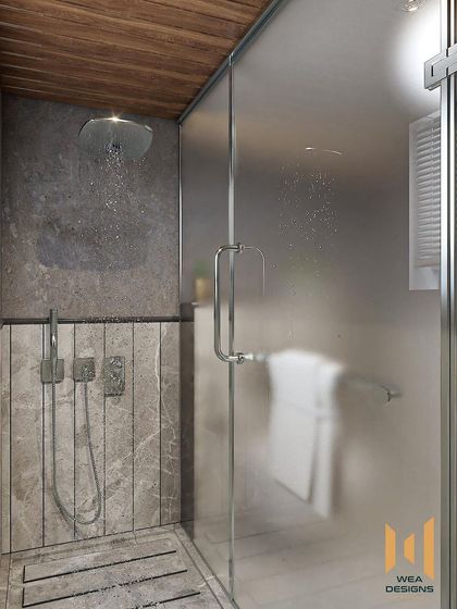 A modern shower cubicle with grey marble-look tiles and a wooden ceiling for a touch of warmth.