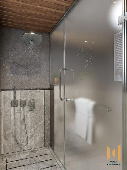 A modern shower cubicle with grey marble-look tiles and a wooden ceiling for a touch of warmth.