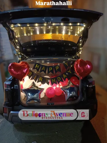 Take your surprise on the road with our unique car boot decorations. We can fill the boot of your car with balloons, banners, and fairy lights for a truly memorable birthday surprise, proposal, or welcome home celebration, available anywhere in Marathahalli and across Bangalore.