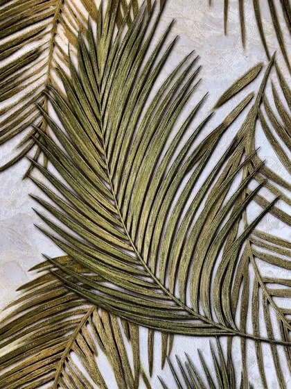 This is a close-up of a premium canvas wallpaper with a textured palm leaf design. The raised texture gives the botanical pattern a realistic, high-quality feel.