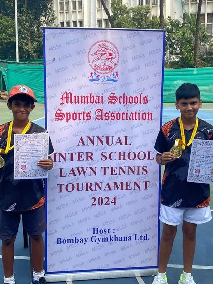 Teamwork makes the dream work. Our U-14 boys, Vyom Shivmath and Pradhyuman Savant, showing their gold medals after winning the U-16 team event at the MSSA Annual Inter-School Lawn Tennis Tournament.