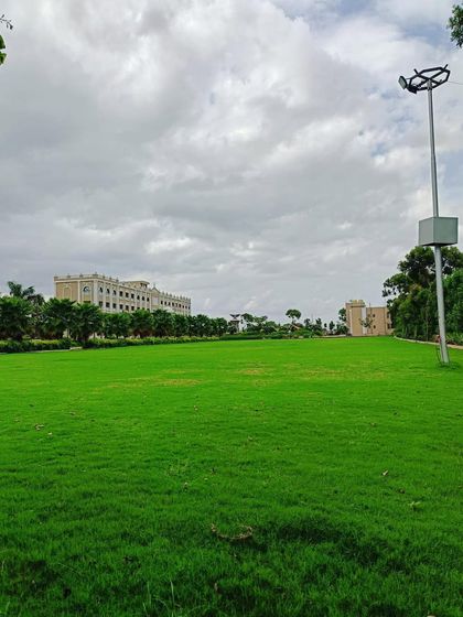 A massive, open field of green grass at the Vadodara park, demonstrating the scale of this successful public project.