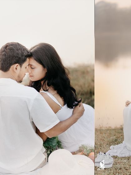 A collage of a couple enjoying a romantic picnic by the lake, with soft, dreamy lighting.
