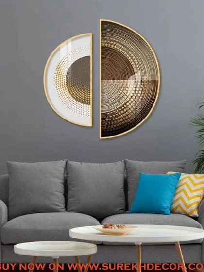 This set of two semi-circular crystal paintings plays with perspective and texture. The concentric patterns in brown and white create a hypnotic, modern art piece that adds depth to your wall.