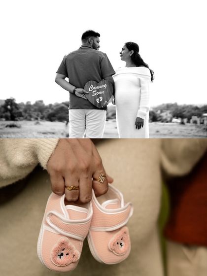 A black and white collage combining a surprise reveal with a close up on pink baby shoes, hinting that it's a girl. This tells a story in a creative and stylish way.