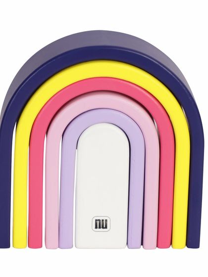 A colorful wooden pastel arch toy, assembled and shot on a clean white background.