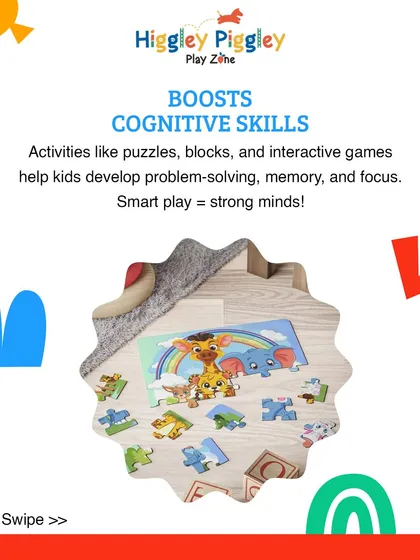 This graphic highlights how activities like puzzles and blocks, available at our play zone, help boost cognitive skills like problem-solving, memory, and focus.