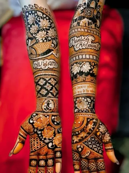 A personalized design featuring the names 'Manish', 'Ahlawat', and 'Divyam', combined with auspicious symbols and traditional patterns.