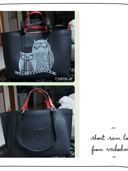 A custom Short Sam tote for our patron Dilvi's loved one, featuring a Gond owl painting on Slate leather with contrasting red handles.