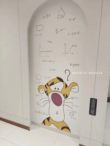 A slightly different angle of the completed Tigger mural, showing how it fits perfectly within the architectural arch.