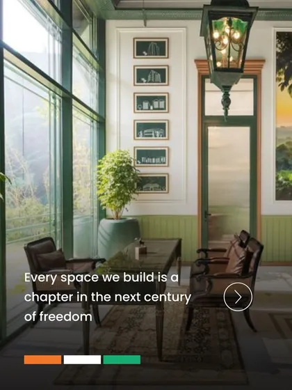 This graphic from our Independence Day campaign features a conservatory-like space, illustrating our commitment to building spaces that are chapters in the next century of freedom. The design is filled with light and greenery, creating a hopeful and restorative atmosphere.